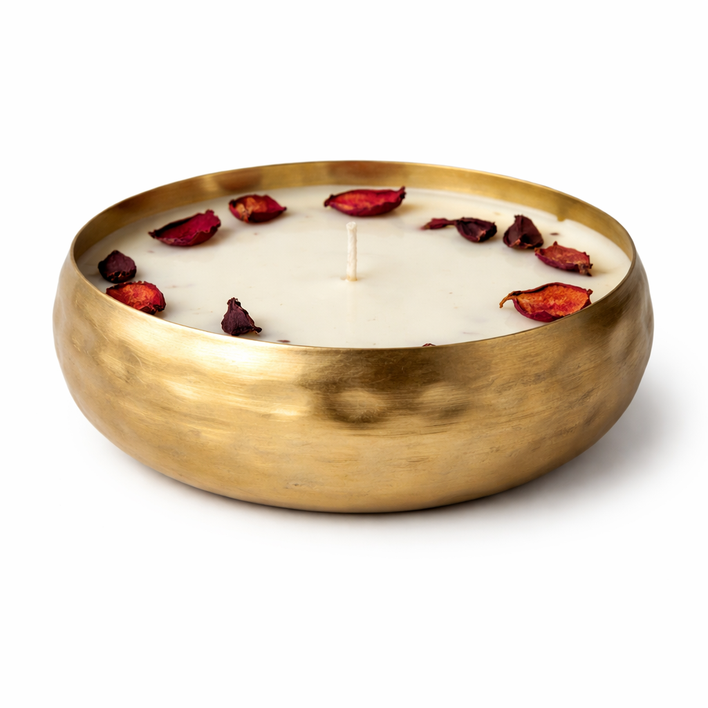K3RVN™ Luxury Brass Bowl Scented Candle – Premium Rose Petal Decorative Candle