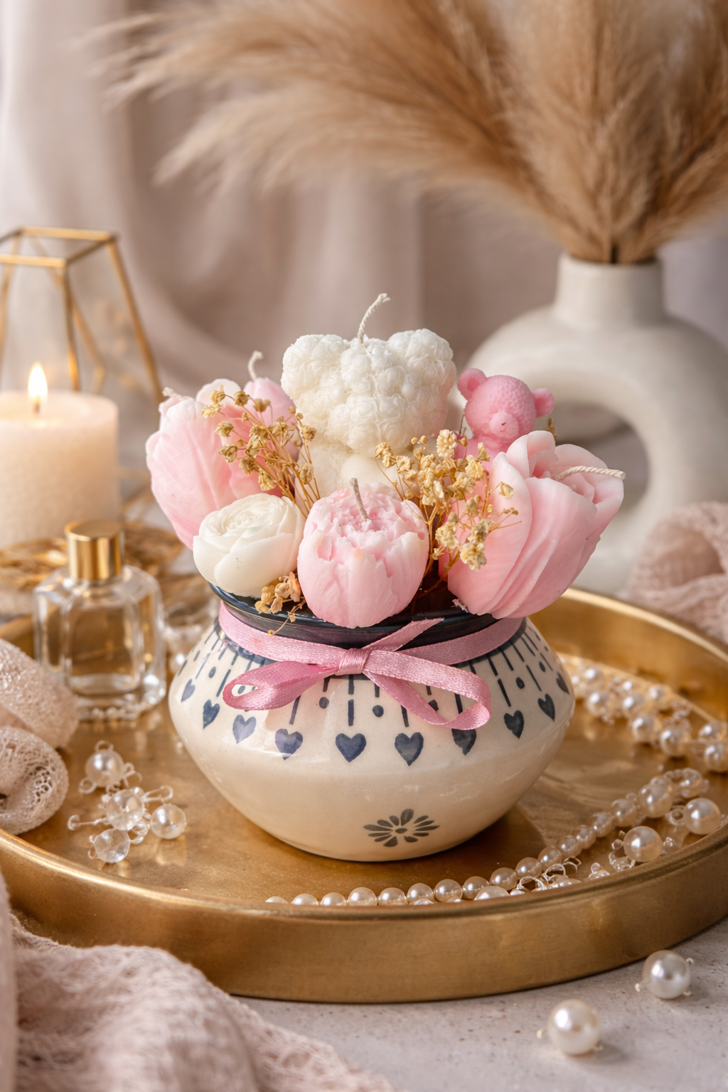 K3RVN™ Luxury Floral Candle Arrangement with Teddy – Handmade Decorative Flower Candles in Ceramic Vase | Romantic Gift, Home Décor, Birthday & Anniversary Gift