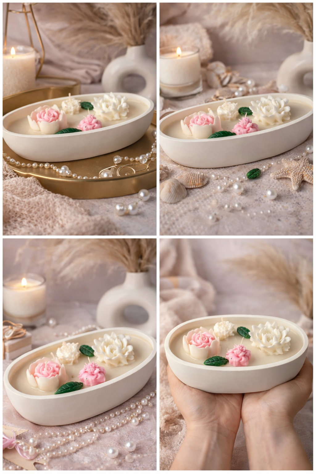 K3RVN™ Luxury Floating Floral Candle Bowl – Handmade Rose & Lotus Wax Candles in Oval Ceramic Tray | Royal Home Décor, Spa, Wedding & Gift Item
