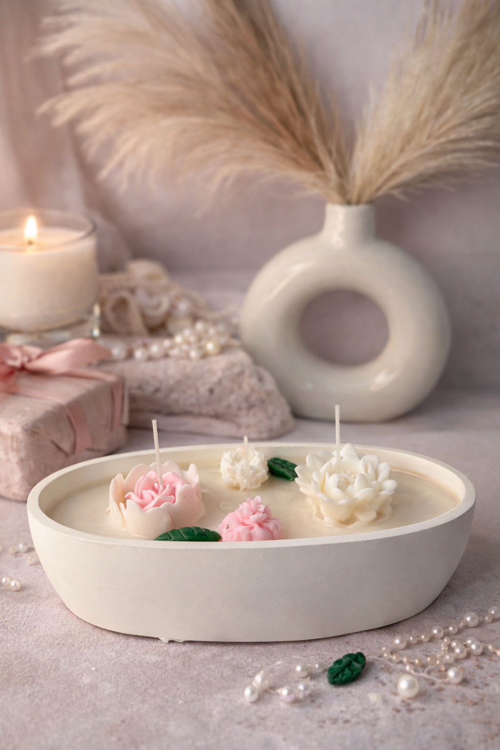 K3RVN™ Luxury Floating Floral Candle Bowl – Handmade Rose & Lotus Wax Candles in Oval Ceramic Tray | Royal Home Décor, Spa, Wedding & Gift Item
