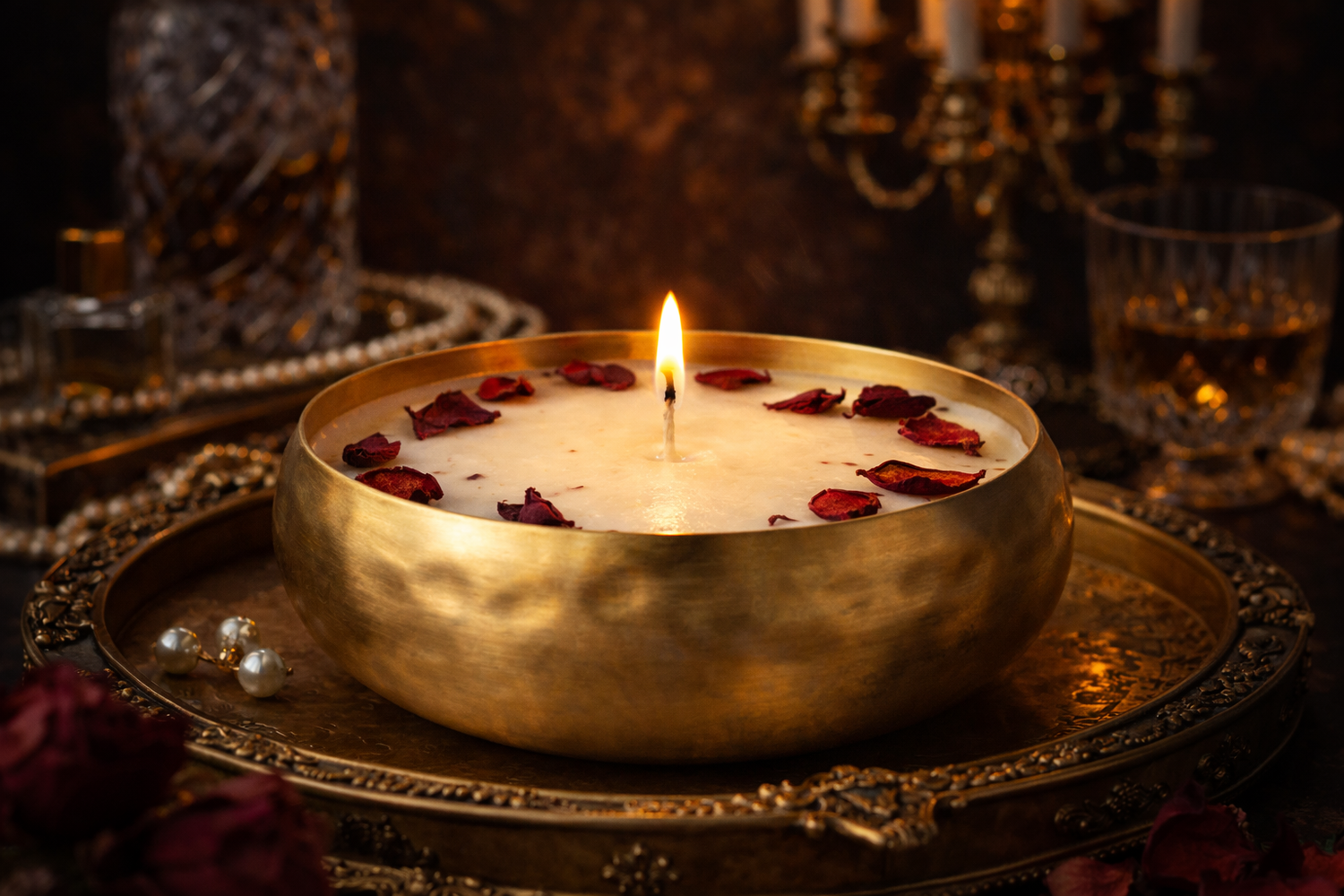 K3RVN™ Luxury Brass Bowl Scented Candle – Premium Rose Petal Decorative Candle