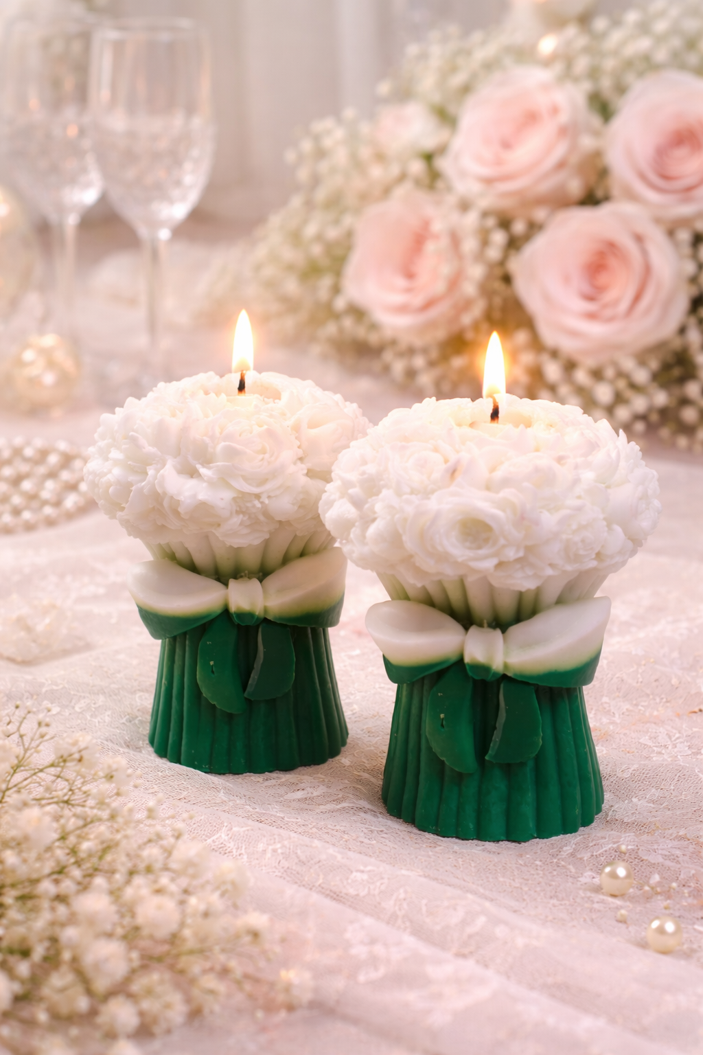 Luxury White Floral Bouquet Soy Wax Candle Set – Decorative Flower Candle for Home & Gifting (Set of 2)