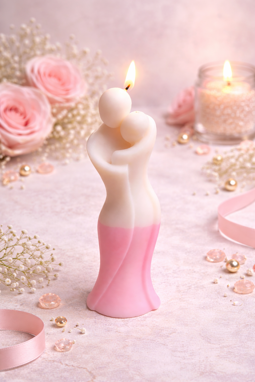 K³RVN™ Eternal Hug Couple Candle – Pink & Ivory Romantic Sculpture