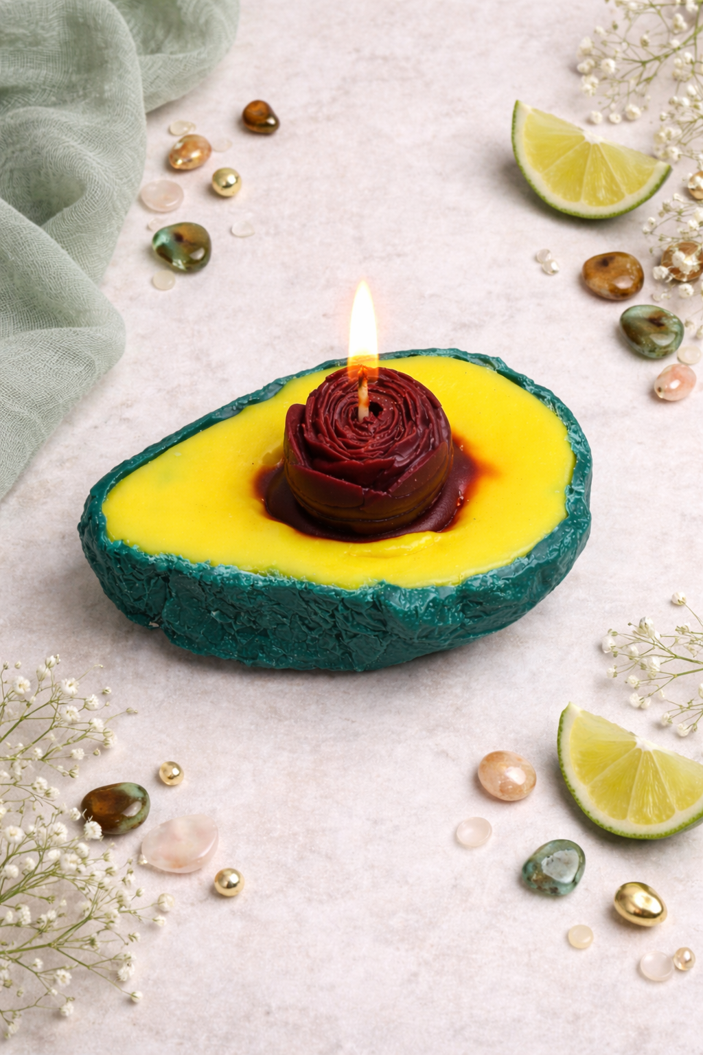 Avocado Bliss Artisan Candle – Handmade Soy Wax Decorative Fruit Candle with Rose Center