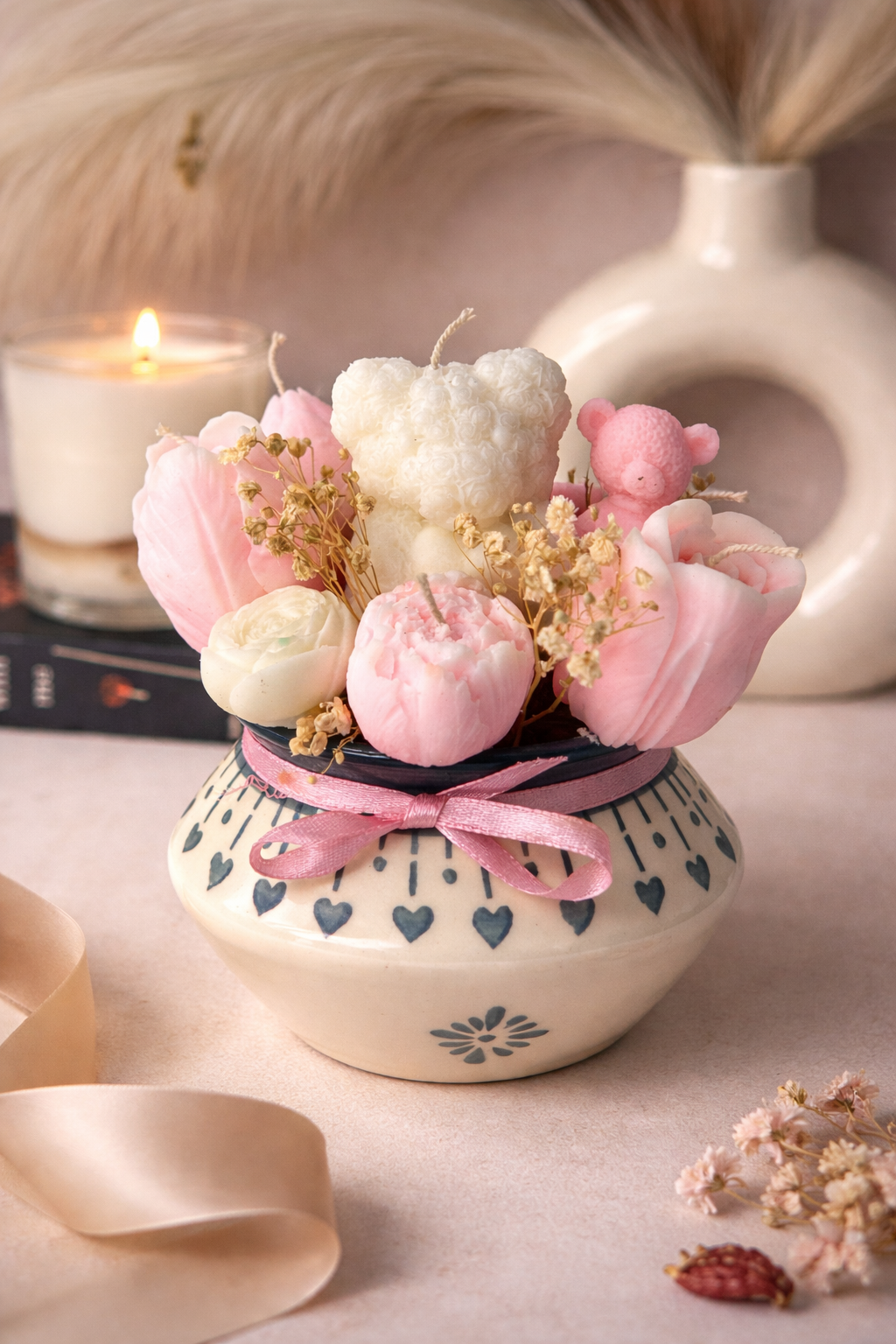 K3RVN™ Luxury Floral Candle Arrangement with Teddy – Handmade Decorative Flower Candles in Ceramic Vase | Romantic Gift, Home Décor, Birthday & Anniversary Gift