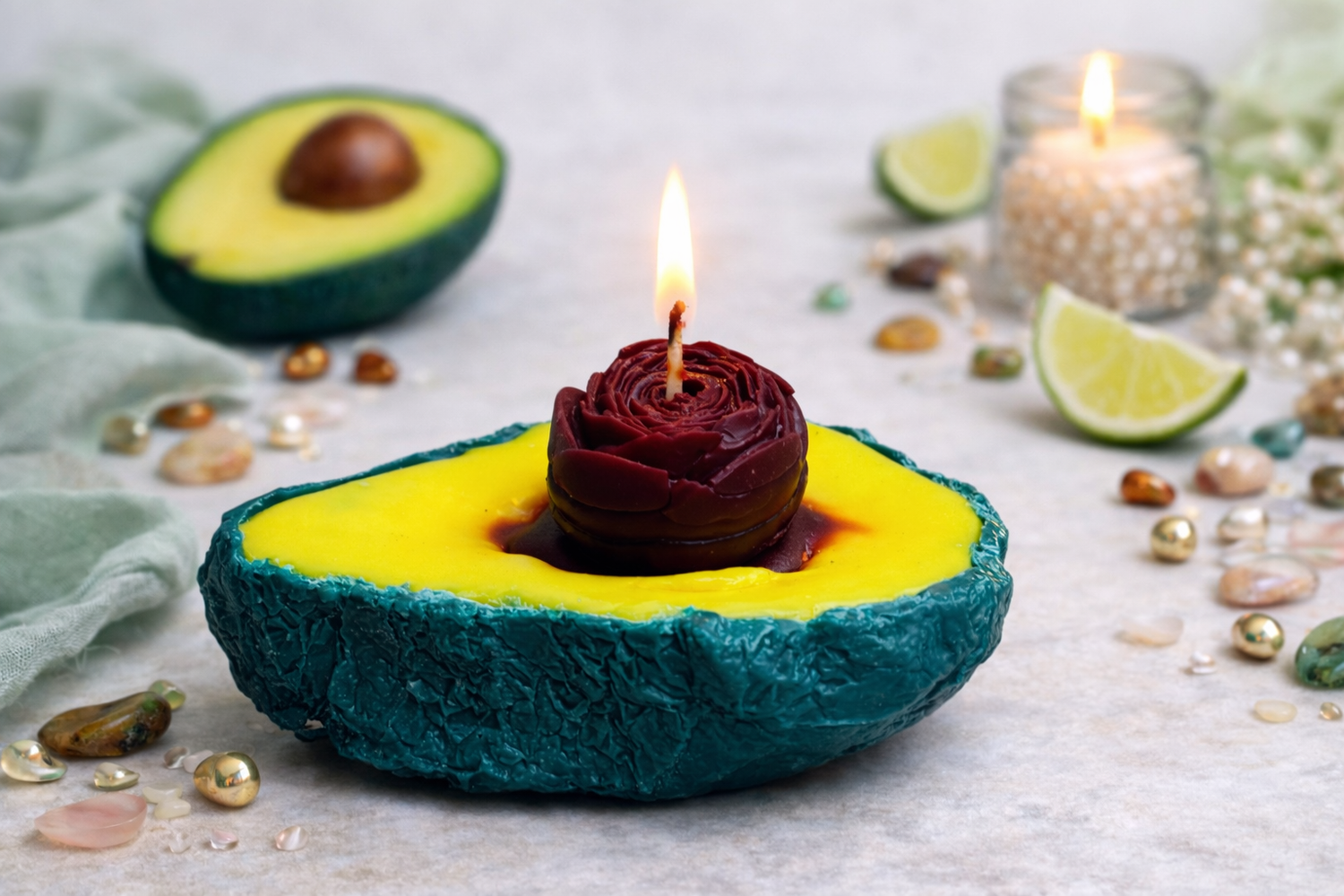 Avocado Bliss Artisan Candle – Handmade Soy Wax Decorative Fruit Candle with Rose Center