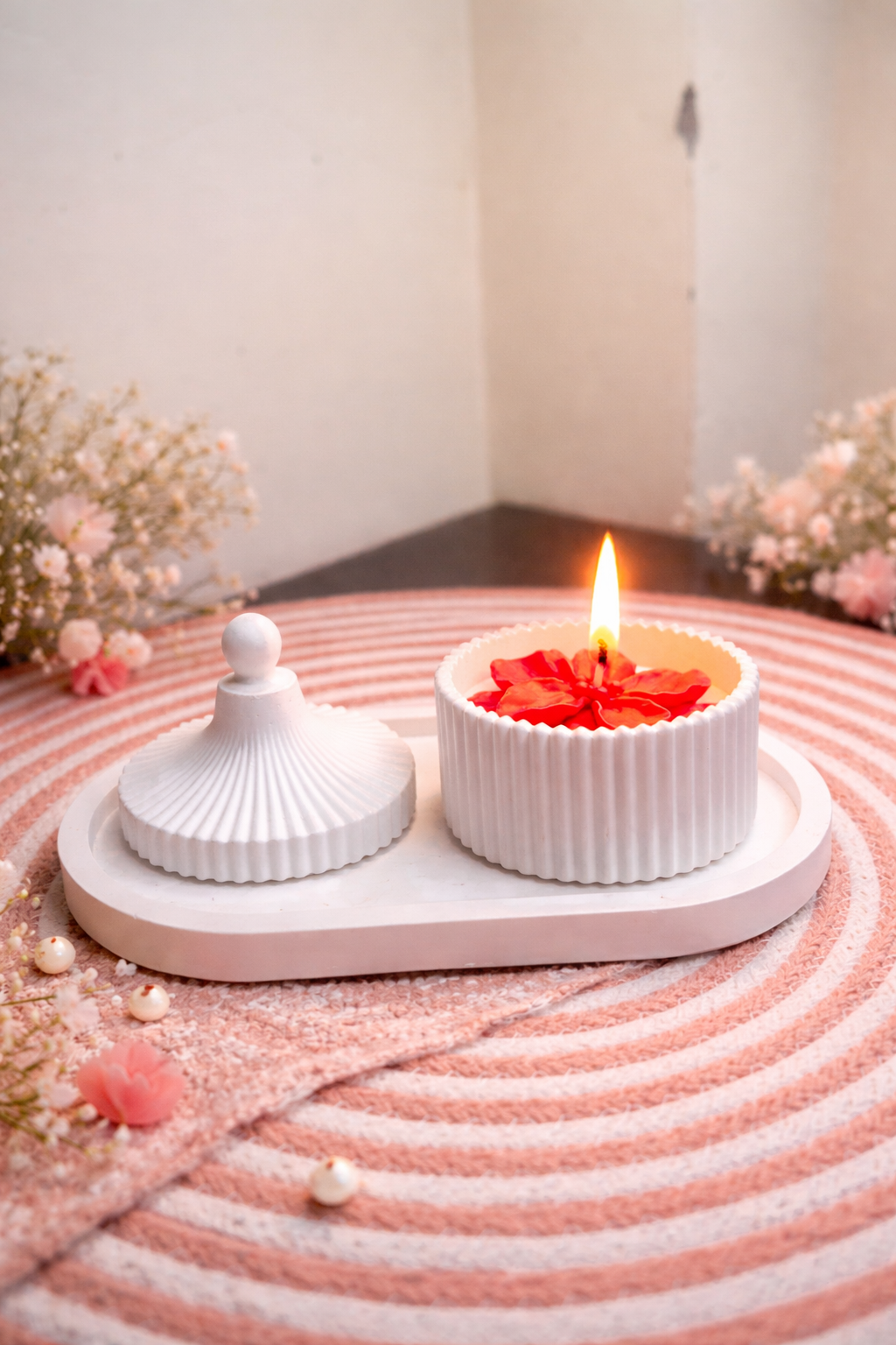 K³RVN™ Rose Bliss Ribbed Jar Candle with Lid – Luxury Floral Scented Candle