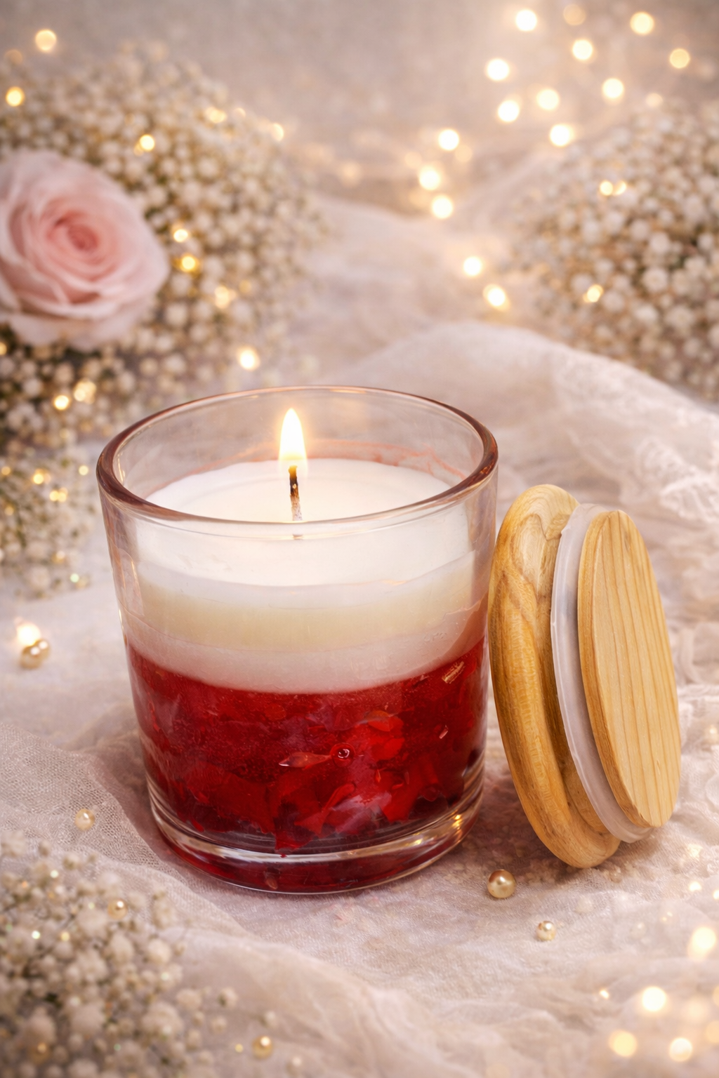 Luxury Rose Petal Layered Soy Wax Candle in Glass Jar with Wooden Lid – Romantic Gift Edition