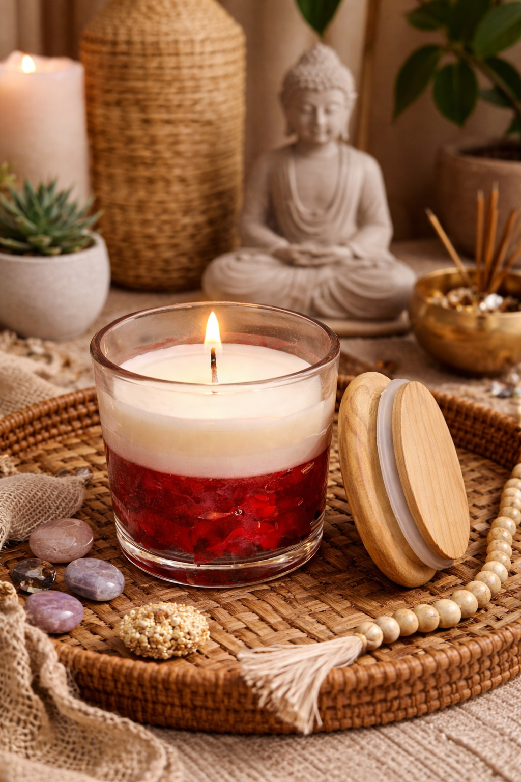 Luxury Rose Petal Layered Soy Wax Candle in Glass Jar with Wooden Lid – Romantic Gift Edition