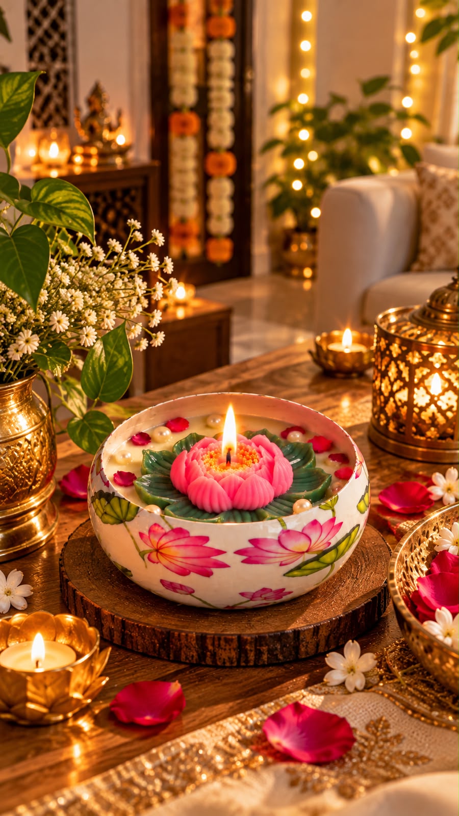 K³RVN Pink Lotus Decorative Candle Bowl – Elegant Festive Home Décor