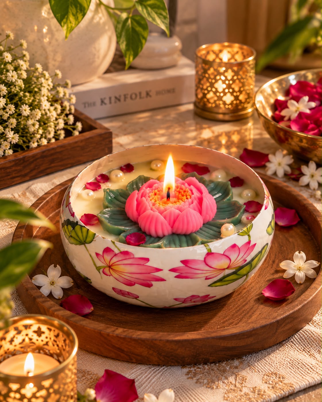 K³RVN Pink Lotus Decorative Candle Bowl – Elegant Festive Home Décor