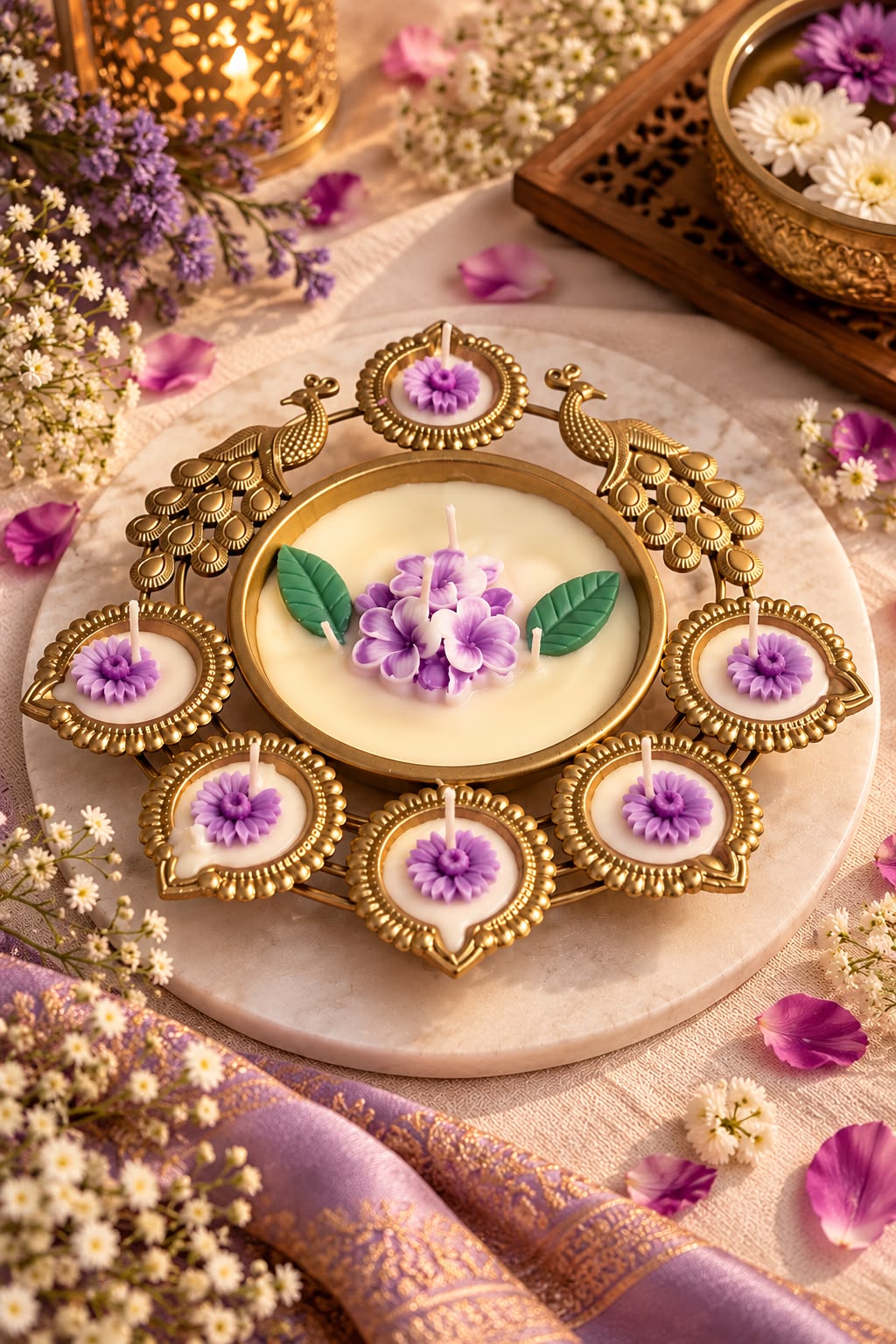 K³RVN Peacock Floral Diya Candle Set - Decorative Brass-Style Festive Candle Holder