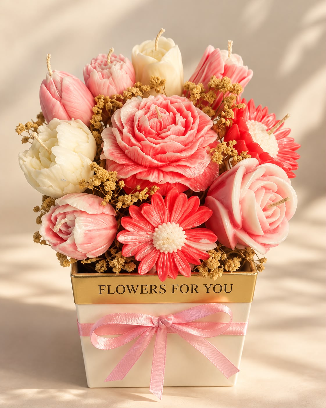 K3RVN Luxury Rose Flower Candle Bouquet Gift Box – Pink & Ivory Floral Candle Arrangement