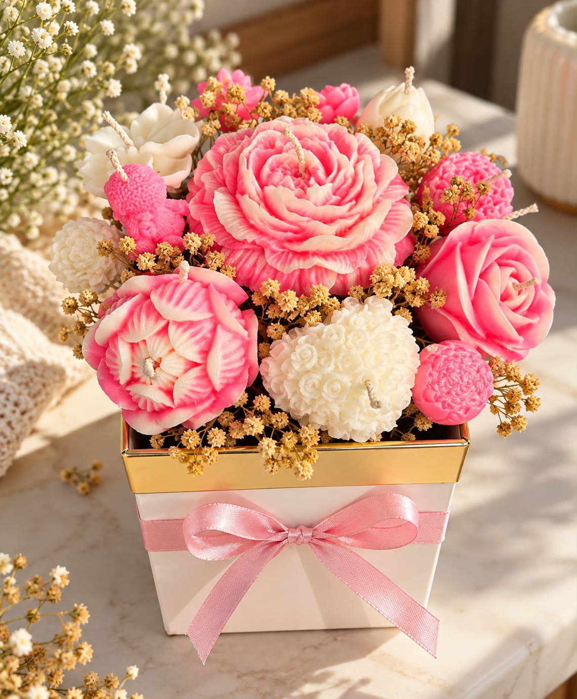K3RVN Luxury Rose Flower Candle Bouquet Gift Box – Pink & Ivory Floral Candle Arrangement