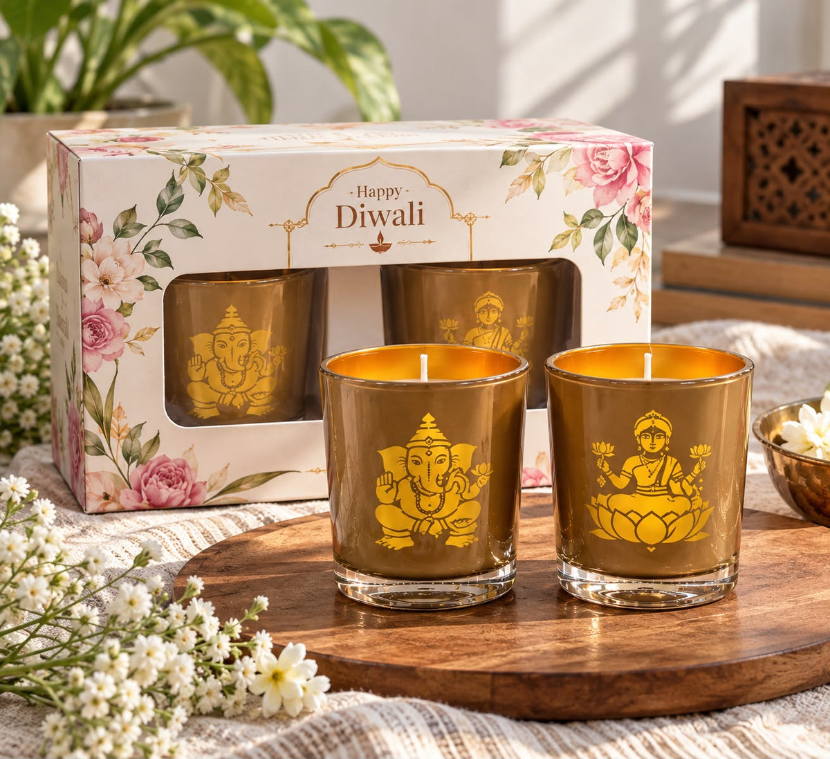 K³RVN Divine Diwali Candle Gift Set – Ganesha & Lakshmi Decorative Glass Candles