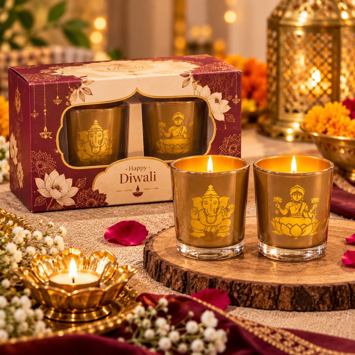 K³RVN Divine Diwali Candle Gift Set – Ganesha & Lakshmi Decorative Glass Candles