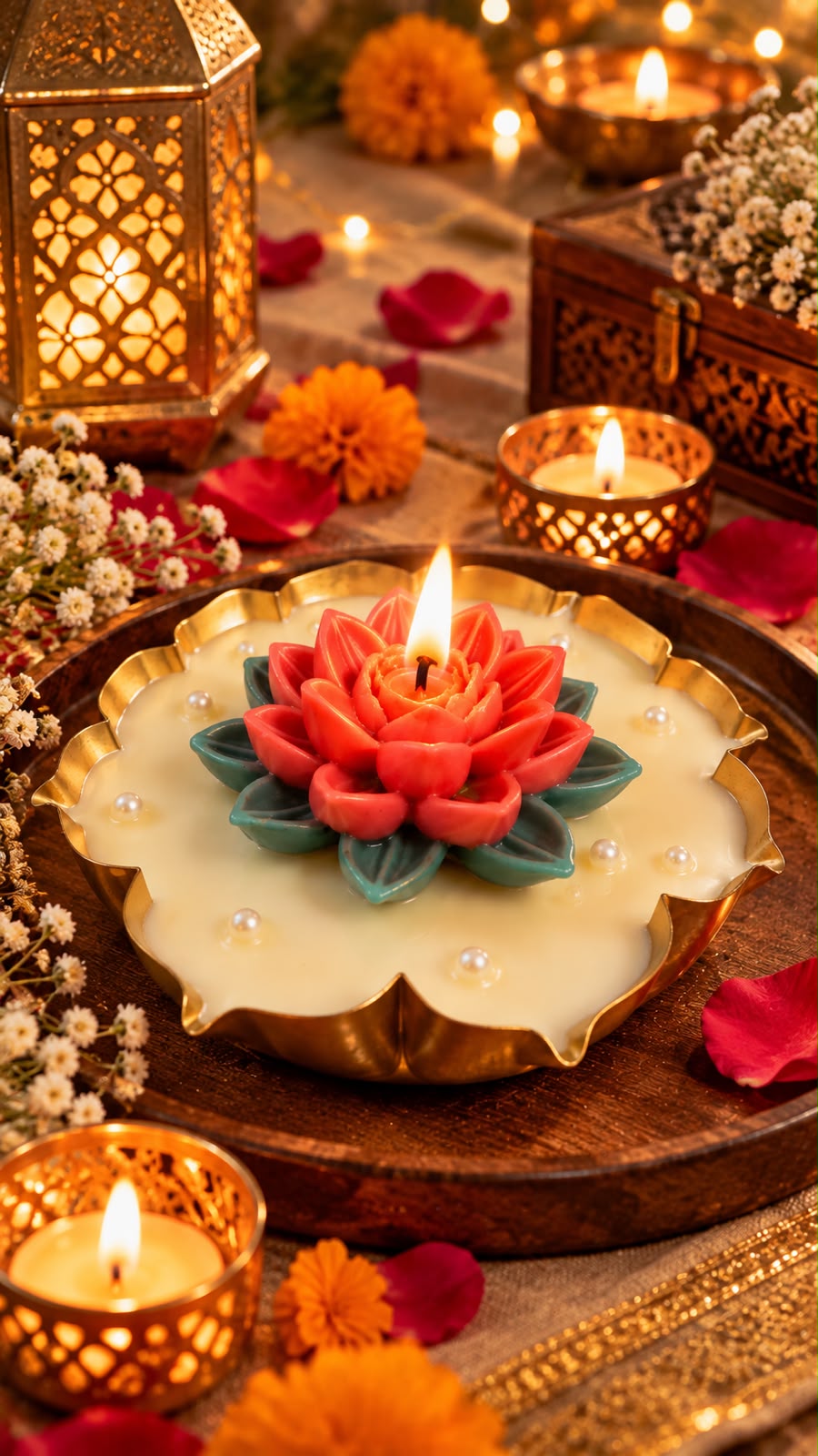 K³RVN Lotus Glow Tray Candle – Red & Teal Lotus in a Golden Decorative Bowl