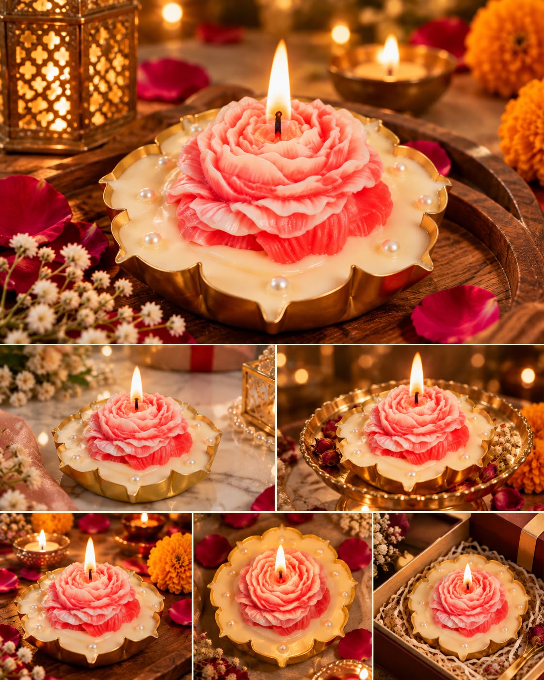 K³RVN Rose Glow Tray Candle – Pink Sculpted Rose with Golden Pearl-Accent Tray