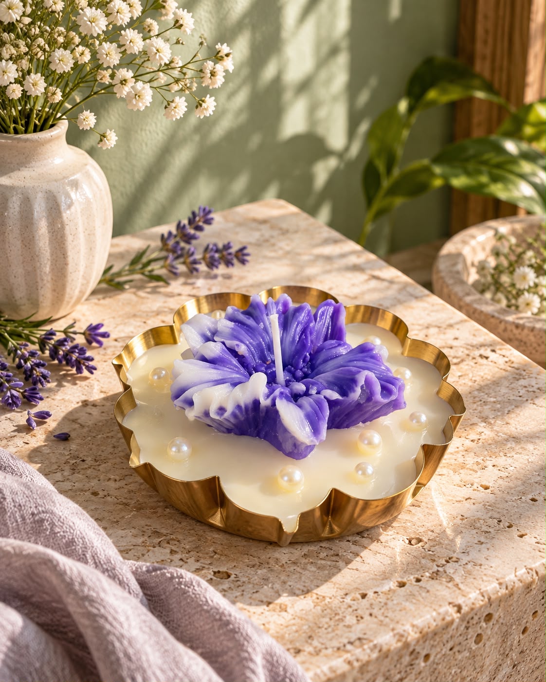 K³RVN Purple Bloom Tray Candle – Sculpted Floral Candle with Golden Pearl-Accent Tray