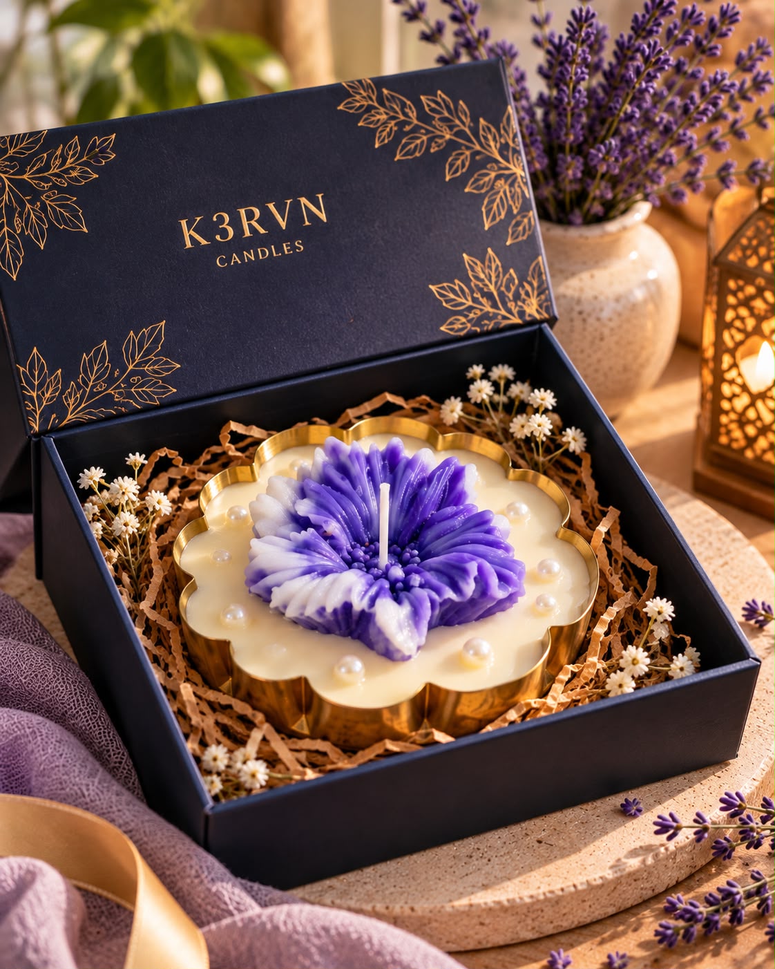 K³RVN Purple Bloom Tray Candle – Sculpted Floral Candle with Golden Pearl-Accent Tray