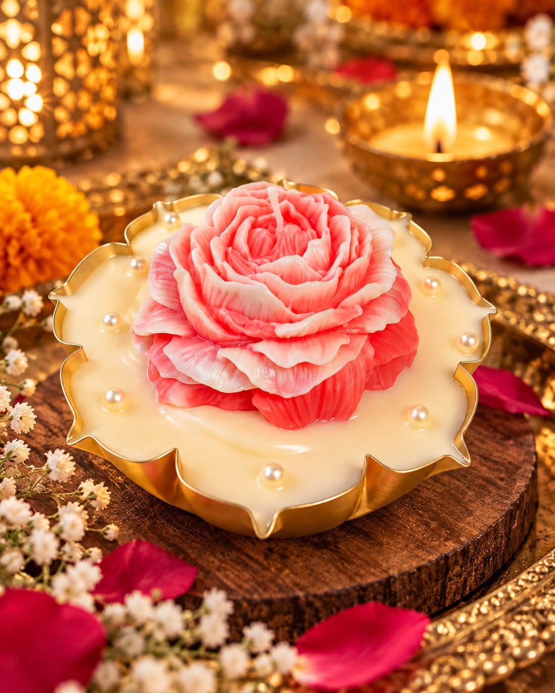 K³RVN Rose Glow Tray Candle – Pink Sculpted Rose with Golden Pearl-Accent Tray