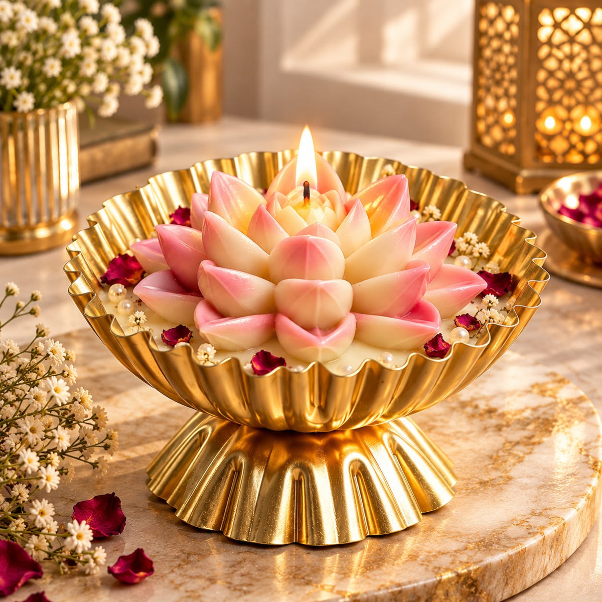 K³RVN Lotus Bloom Candle Bowl – Luxury Golden Pedestal Candle for Home Décor & Festive Gifting