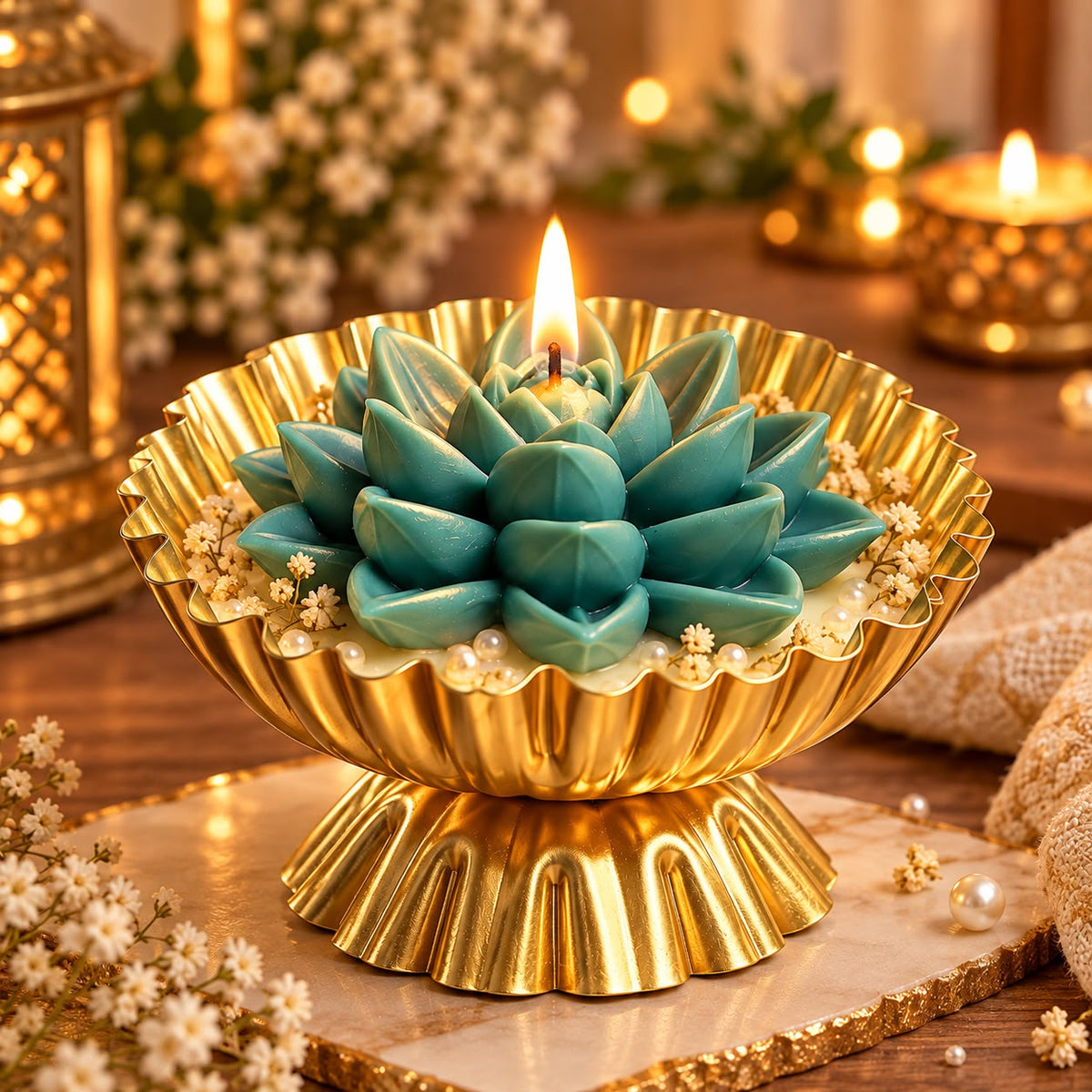 K³RVN Lotus Bloom Candle Bowl – Luxury Golden Pedestal Candle for Home Décor & Festive Gifting