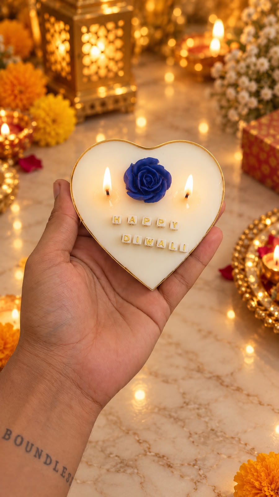 K³RVN Heart Shape Happy Diwali Scented Candle with Rose Design | Festive Gift Candle