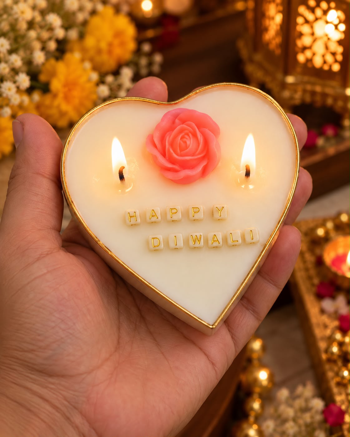 K³RVN Heart Shape Happy Diwali Scented Candle with Rose Design | Festive Gift Candle