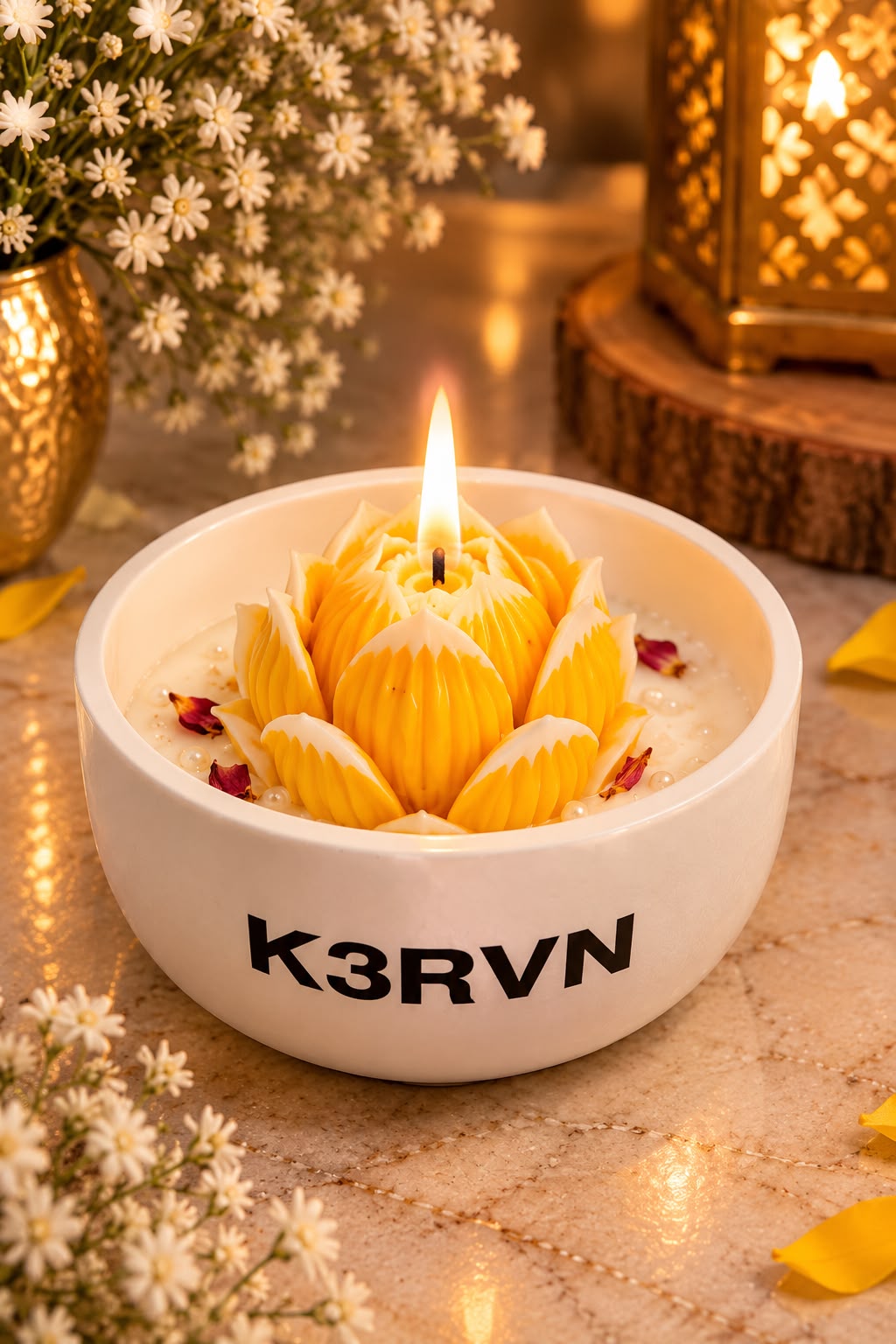 K³RVN Lotus Flower Scented Candle in Ceramic Bowl | Decorative Floral Candle