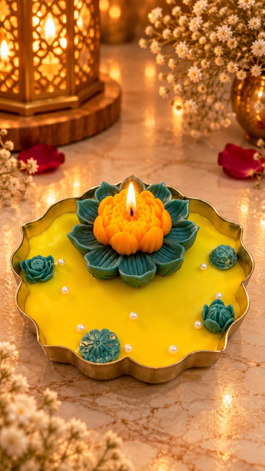 K³RVN Lotus Bloom Decorative Candle in Golden Tray | Floral Scented Candle