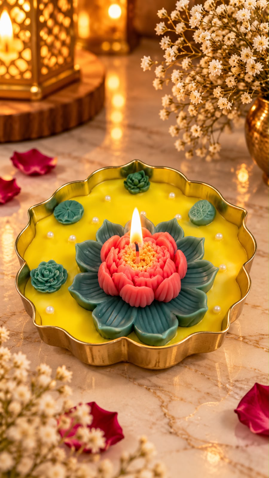 K³RVN Lotus Bloom Decorative Candle in Golden Tray | Floral Scented Candle