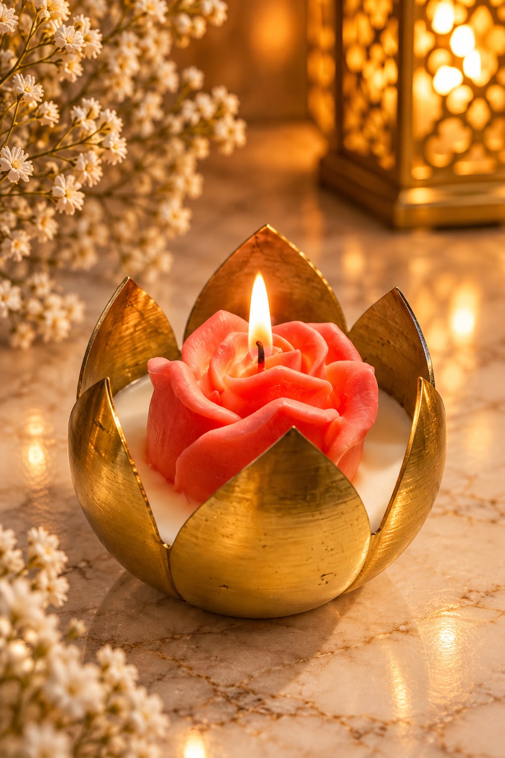 K³RVN Rose Bloom Candle in Golden Lotus Holder | Decorative Floral Candle