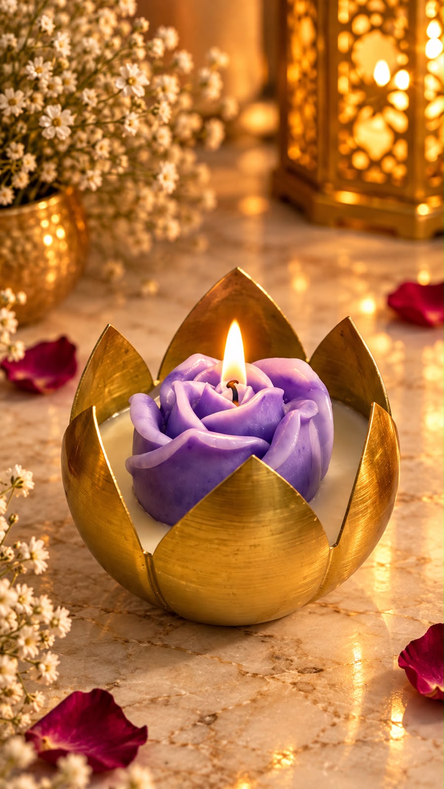 K³RVN Rose Bloom Candle in Golden Lotus Holder | Decorative Floral Candle