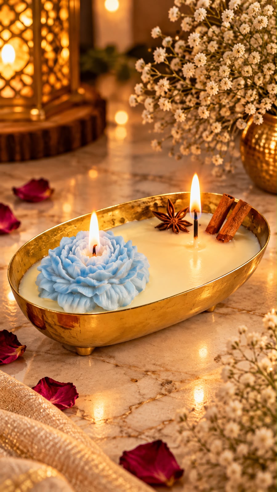 K³RVN Lotus Bloom Candle in Golden Tray | Luxury Floral Centrepiece