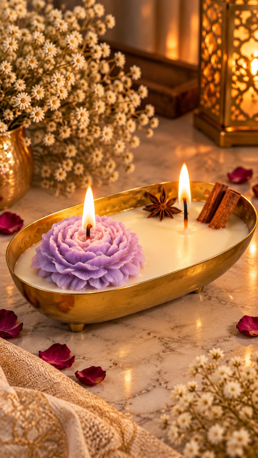 K³RVN Lotus Bloom Candle in Golden Tray | Luxury Floral Centrepiece