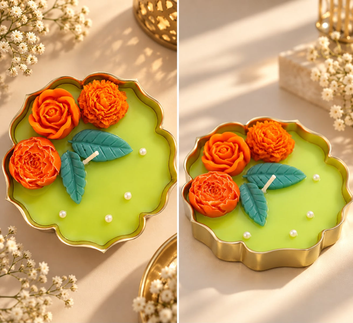 K³RVN Golden Floral Tray Candle | Orange Rose & Marigold Design