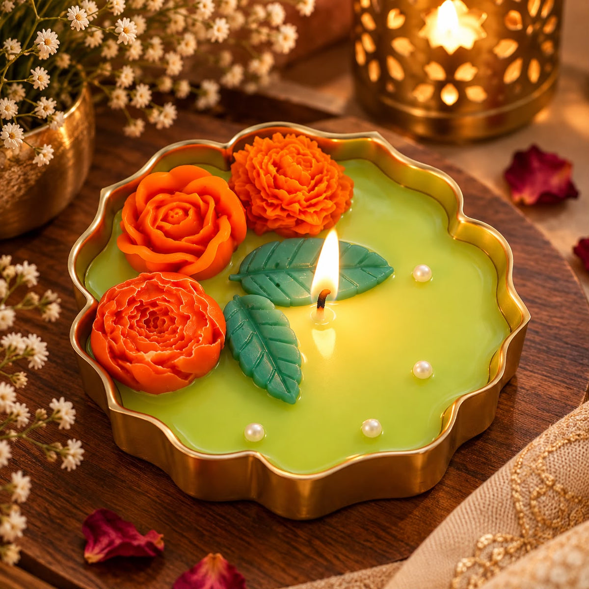 K³RVN Golden Floral Tray Candle | Orange Rose & Marigold Design
