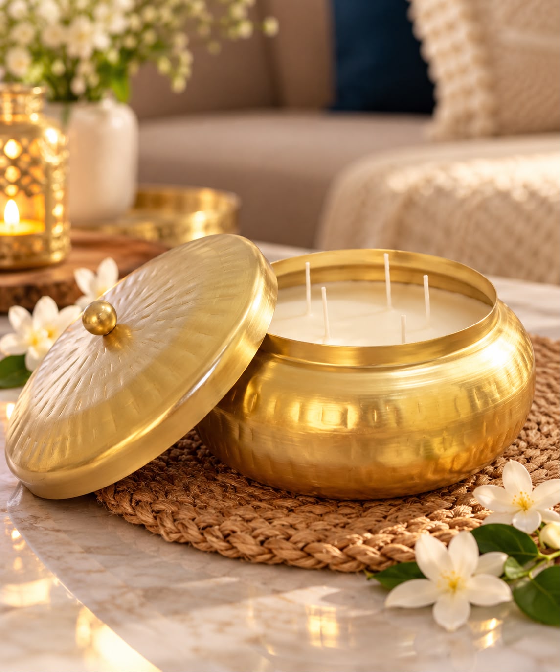 K³RVN Royal Golden Pot Candle with Lid | Luxury Multi-Wick Decorative Candle