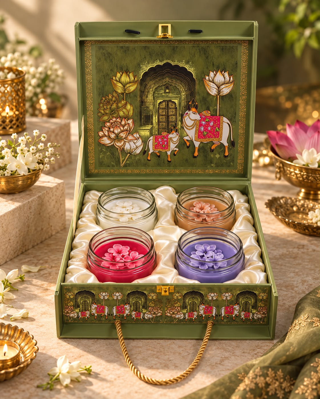 K³RVN Luxury Festive Candle Gift Hamper – 4 Floral Soy Wax Candles in Premium Gift Box