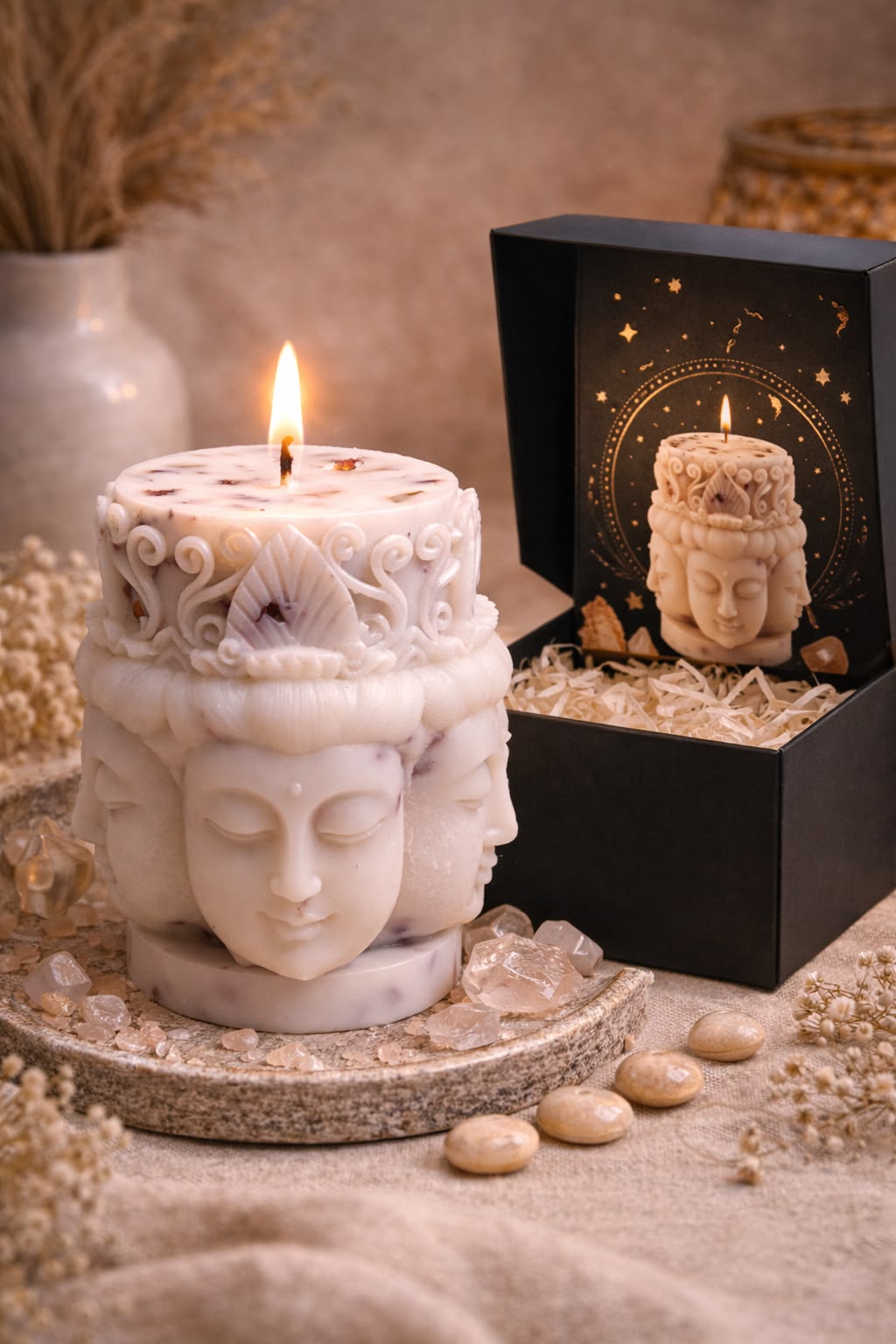 K³RVN Buddha Serenity Candle | Sculpted Buddha Face Decorative Pillar Candle