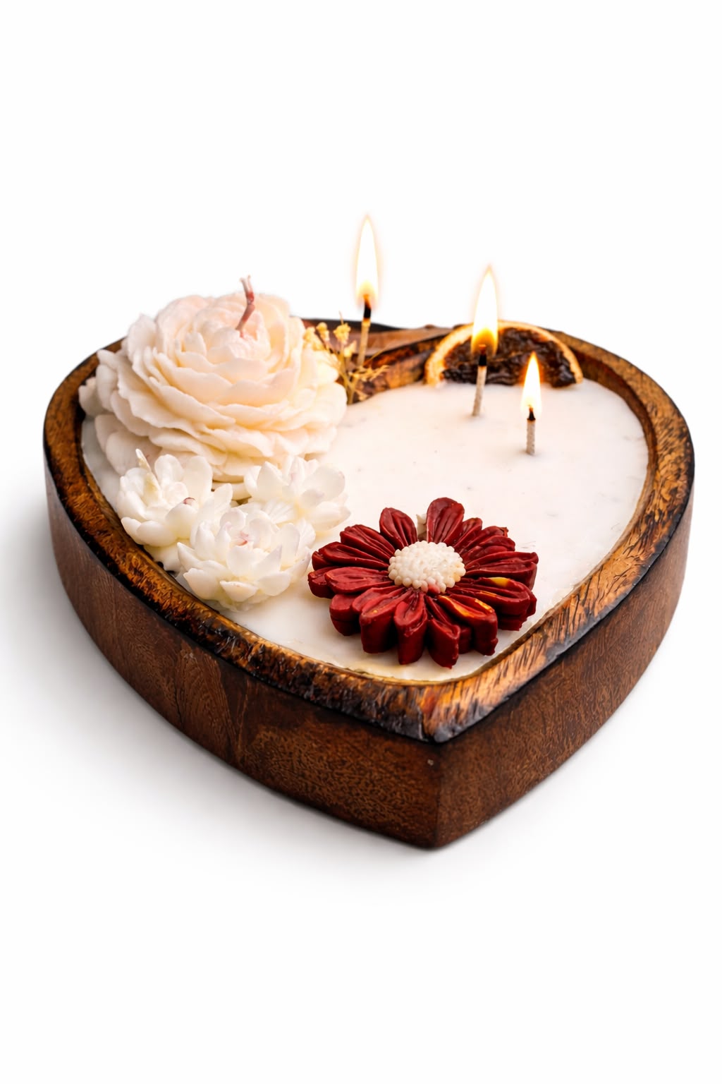 K³RVN Floral Heart Candle | Handmade Rose & Flower Candle in Wooden Heart Bowl