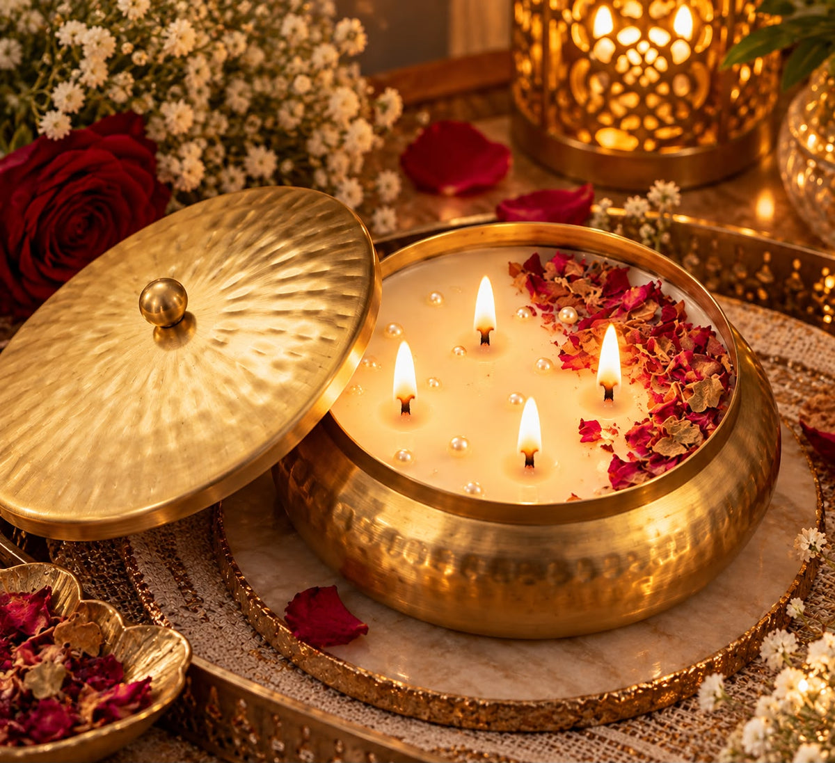 K³RVN Luxury Golden Rose Petal Candle with Decorative Lid