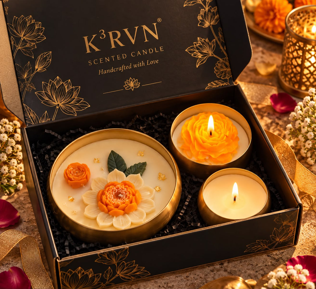 K³RVN Luxury Floral Candle Gift Set – Premium Decorative Candle Trio