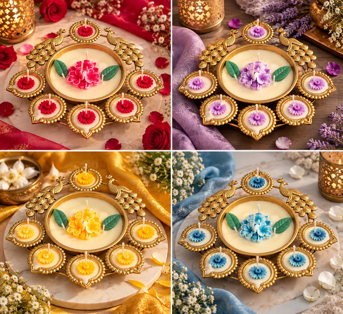 K³RVN Peacock Floral Diya Candle Set - Decorative Brass-Style Festive Candle Holder