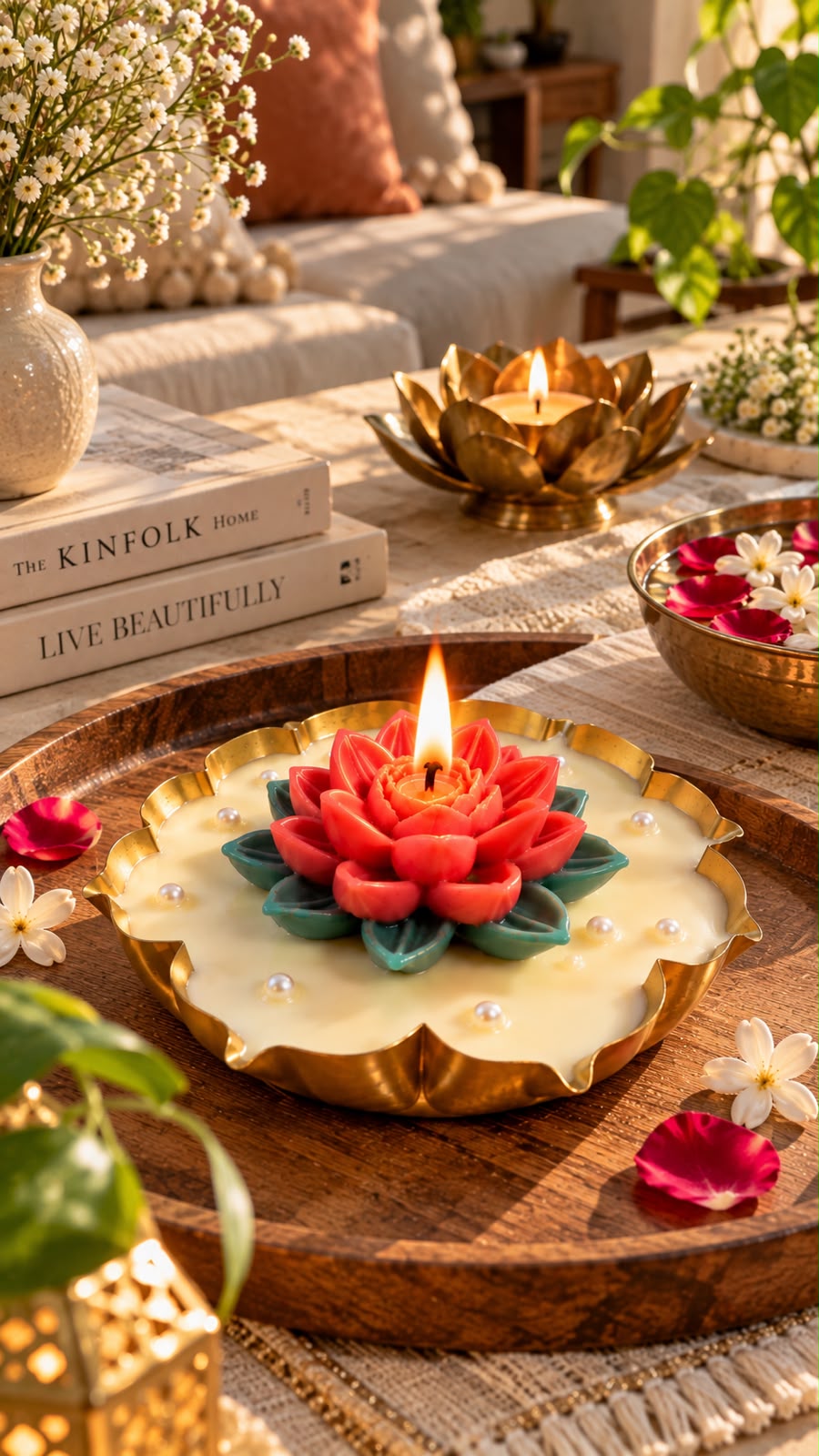 K³RVN Lotus Glow Tray Candle – Red & Teal Lotus in a Golden Decorative Bowl