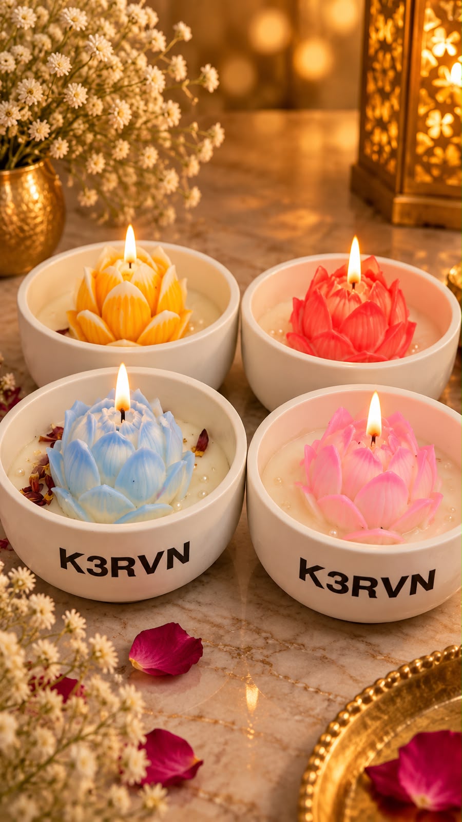 K³RVN Lotus Flower Scented Candle in Ceramic Bowl | Decorative Floral Candle